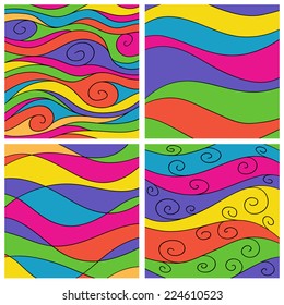 Set of ornate hand drawn brightly colored sea waves background.