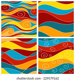 Set of ornate hand drawn brightly colored sea waves background.