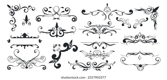 Set of ornate hand drawn frames. Vintage decorative elements or labels with floral motifs and calligraphic lines. Design for branding. Flat vector illustration collection isolated on background