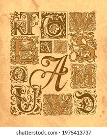 A set of ornate initial letters with Baroque ornaments. Hand-drawn vintage capital letters on an old paper background. Vector beautiful uppercase letters for monogram, logo, greeting card, invitation