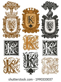 Set of ornate initial letters K in vintage style. Vector illustration of beautiful filigree capital letters K with decorations. Great for luxury design of monogram, logo, invitation, playing card