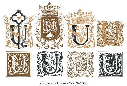 Set of ornate initial letters U with decorations in vintage style. Vector illustration of beautiful filigree capital letters U. Great for luxury design of monogram, logo, invitation, coat of arms