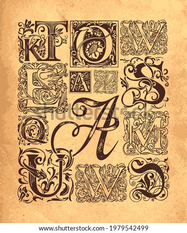 Set of ornate initial letters with vintage baroque ornamentation. Hand-drawn capital letters on an old paper background. Vector beautiful uppercase letters for monogram, logo, emblem, card, invitation