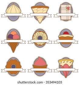 Set of ornate labels for cackes and other deserts. Grouped for easy editing. Perfect for labels and stickers that are used for confectionery.