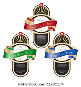 Set of ornate labels with color ribbons. Grouped for easy editing. Perfect for labels or stickers for wine, beer, champagne, cognac, cologne and etc.