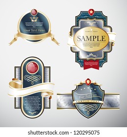 Set of ornate labels with Gold and White Tapes. Grouped for easy editing. Perfect for labels or stickers for wine, beer, champagne, cognac, cologne and etc.