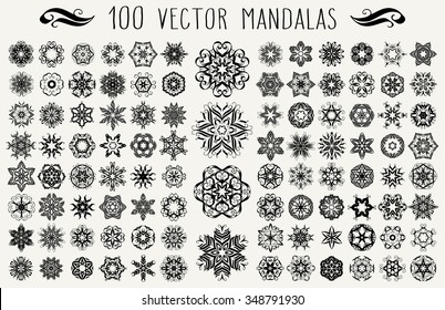 Set of ornate lacy doodle floral round rosettes in black over white backgrounds. Mandalas formed with hand drawn calligraphic elements.