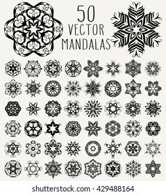 Set of ornate lacy doodle floral round rosettes in black over white backgrounds. Mandalas formed with hand drawn calligraphic elements.