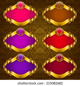 Set of ornate luxury vintage frames with golden laurel wreaths, ribbons for design invitations, greeting cards, labels with place for text. Damask seamless floral pattern.  Vector illustration EPS 10