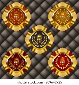 Set of ornate luxury vintage frames, badges with crowns, laurel wreaths, ribbons for design of invitations, greeting, vip, gift cards, labels, emblems with place for text. Vector illustration EPS 10