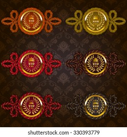 Set of ornate luxury vintage frames, badges with rope decor, crowns, laurel wreaths, ribbons for design of invitations, greeting, vip, gift cards, labels, emblems, stickers. Vector illustration EPS 10
