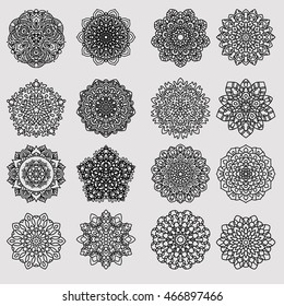 Set of ornate mandala symbols. Big set of ethnic decorative elements. Line art for adult coloring book page design.