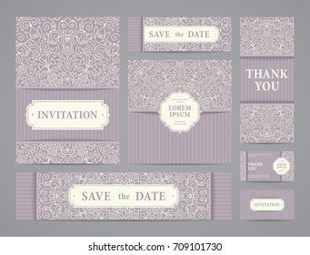 Set of ornate vector cards. Invitation, greeting, business card, save the date design.