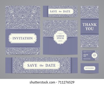 Set of ornate vector cards. Invitation, greeting, business card, save the date design.