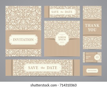 Set of ornate vector cards. Invitation, greeting, business card, save the date design.