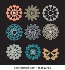 Set of ornate vector mandala symbols. Set of knot symbols, geometric design decorative elements. Set of ornamental round frames.