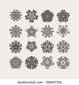 Set of ornate vector mandala symbols. Gothic lace tattoo. Celtic weave with sharp corners. The circular pattern.