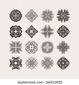 Conjunto de símbolos ornamentados de mandala vectorial. Tatuaje gótico de encaje. Tejidos celtas con esquinas afiladas. El patrón circular.