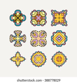 Set of ornate vector mandala symbols. Mehndi lace tattoo. Oriental weave with sharp corners. The circular pattern.