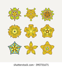 Set of ornate vector mandala symbols. Mehndi lace tattoo. Oriental weave with sharp corners. The circular pattern.