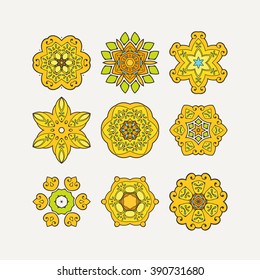 Set of ornate vector mandala symbols. Mehndi lace tattoo. Oriental weave with sharp corners. The circular pattern.