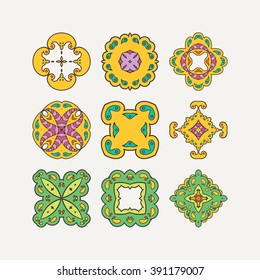 Set of ornate vector mandala symbols. Mehndi lace tattoo. Oriental weave with sharp corners. The circular pattern.