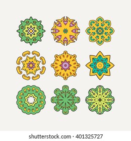 Set of ornate vector mandala symbols. Mehndi lace tattoo. Oriental weave with sharp corners. The circular pattern.