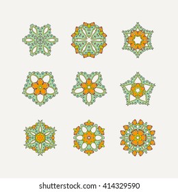 Set of ornate vector mandala symbols. Mehndi lace tattoo. Oriental weave with sharp corners. The circular pattern.