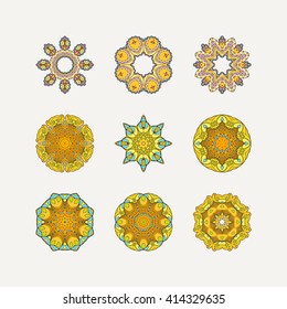 Set of ornate vector mandala symbols. Mehndi lace tattoo. Oriental weave with sharp corners. The circular pattern.
