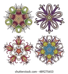 Set of ornate vector mandala symbols. Mehndi lace tattoo. Art Nouveau weave. The circular pattern.