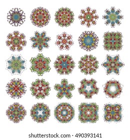 Set of ornate vector mandala symbols. Mehndi lace tattoo. Art Nouveau weave. The circular pattern.