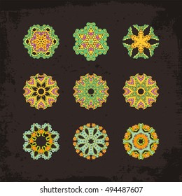 Set of ornate vector mandala symbols. Mehndi lace tattoo. Oriental weave. The circular pattern.