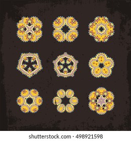 Set of ornate vector mandala symbols. Mehndi lace tattoo. Art Nouveau weave. The circular pattern.