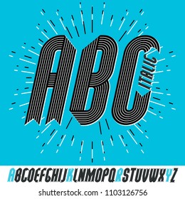 Set of ornate vector upper case English alphabet letters isolated. Trendy italic bold condensed font, script from a to z can be used in poster creation. Created using stripy, parallel lines.