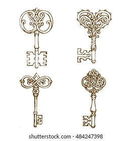 Set of ornate vintage keys line art hand drawn vector illustration