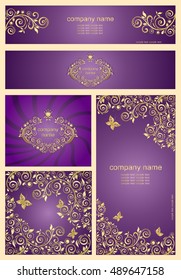 Conjunto de plantillas y pancartas violetas ornamentadas con motivos dorados florales