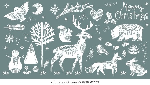 Set of ornate winter woodland abstract animals silhouettes deer, bear, fox and snowflakes on gray background. Scandinavian Christmas illustration. For print, design, fabric, porcelain, linen, stickers