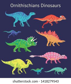 Set Of Ornithischian Dinosaurs. Colorful Vector Illustration Of Dinosaurs Isolated On Blue Background. Side View. Ornithischia. Proportional Dimensions. Element For Your Desing, Blog, Journal.