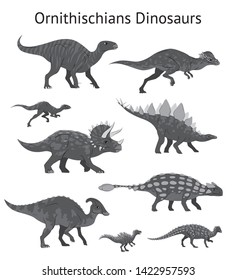 Set Of Ornithischian Dinosaurs. Monochrome Vector Illustration Of Dinosaurs Isolated On White Background. Side View. Ornithischia. Proportional Dimensions. Element For Your Desing, Blog, Journal.