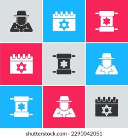 Set Orthodox jewish hat, Jewish calendar and Torah scroll icon. Vector