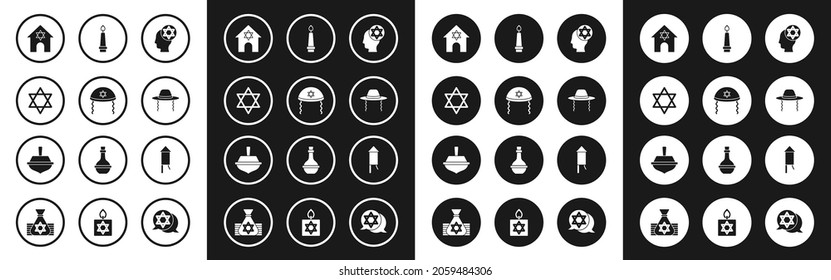 Set Orthodox jewish hat, Jewish kippah, Star of David, synagogue, Burning candle, Firework rocket and Hanukkah dreidel icon. Vector