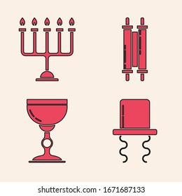 Set Orthodox jewish hat with sidelocks, Hanukkah menorah, Torah scroll and Jewish goblet icon. Vector
