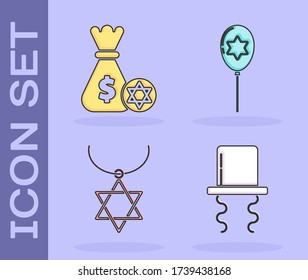 Set Orthodox jewish hat with sidelocks, Jewish money bag with star of david and coin, Star of David necklace on chain and Balloons with ribbon with star of david icon. Vector