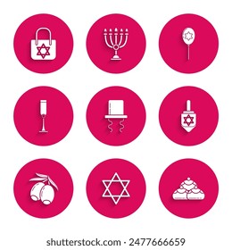 Set Orthodox jewish hat with sidelocks, Star of David, Jewish sweet bakery, Hanukkah dreidel, Olives branch, goblet, Balloons ribbon star david and Shopping bag icon. Vector