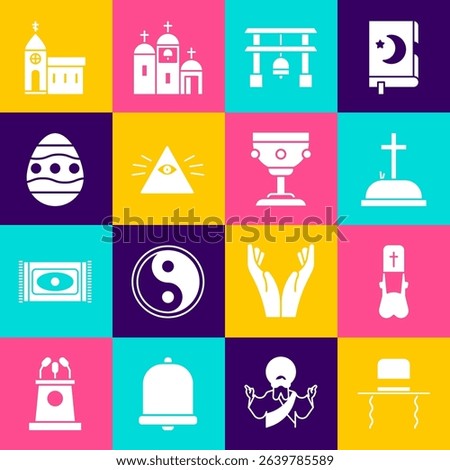 Set Orthodox jewish hat with sidelocks, Priest, Tombstone cross, Japan Gate, Masons, Easter egg, Church building and Christian chalice icon. Vector