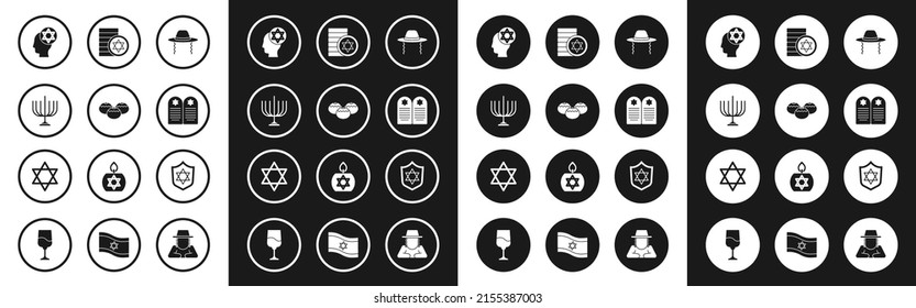 Set Orthodox jewish hat, Jewish sweet bakery, Hanukkah menorah, Tombstone with star of david, coin, Shield Star David and  icon. Vector