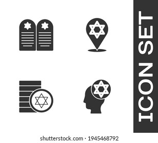 Set Orthodox jewish hat, Tombstone with star of david, Jewish coin and Star David icon. Vector