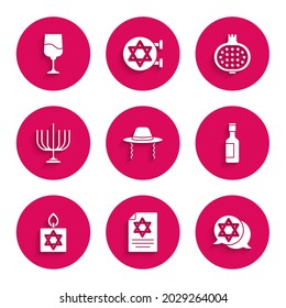 Set Orthodox jewish hat, Torah scroll, Star of David, Jewish wine bottle, Burning candle, Hanukkah menorah, Pomegranate and goblet icon. Vector