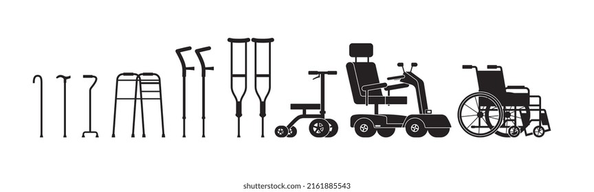 Set of orthopedic equipment for helping disabled people flat style, vector illustration isolated on white background. Collection of black silhouette icons for design