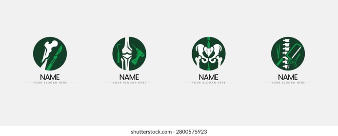 Set of orthopedic surgery medical logos featuring surgical tools and human anatomy, medical equipmen